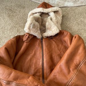 Real shearling winter bomber. Soft brown leather with real shearling fur. 3xl